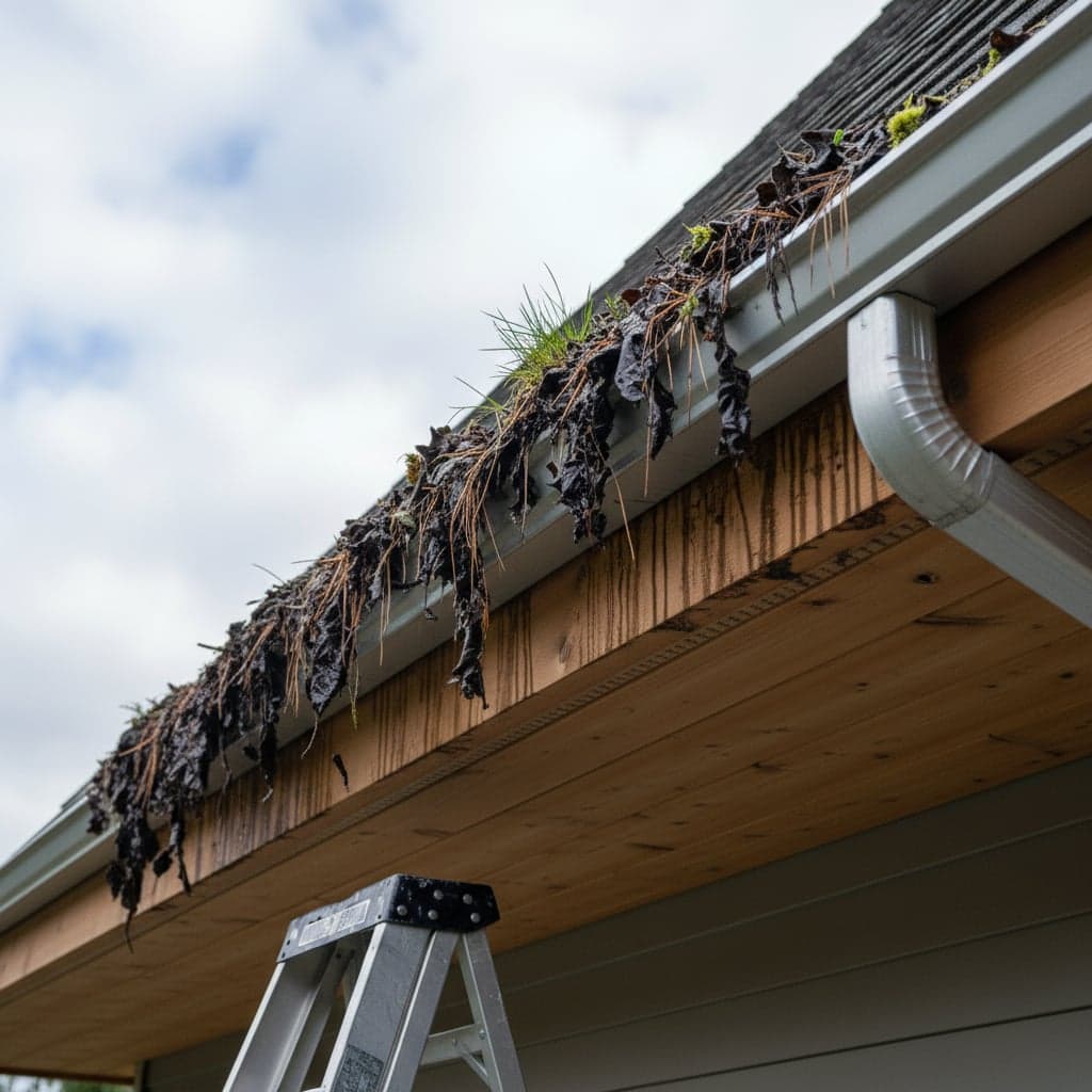 Gutter clogged with leaves and debris before cleaning