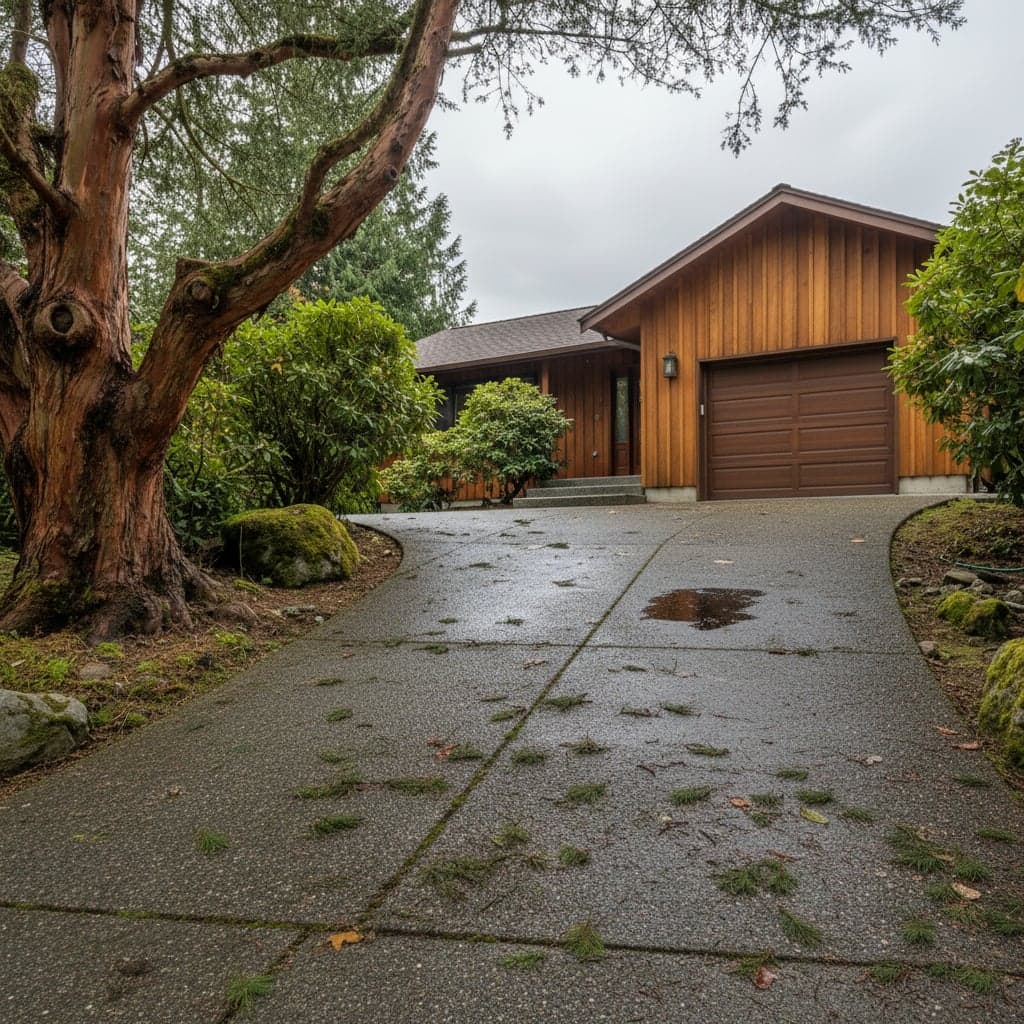 Driveway covered in moss and grime before pressure washing