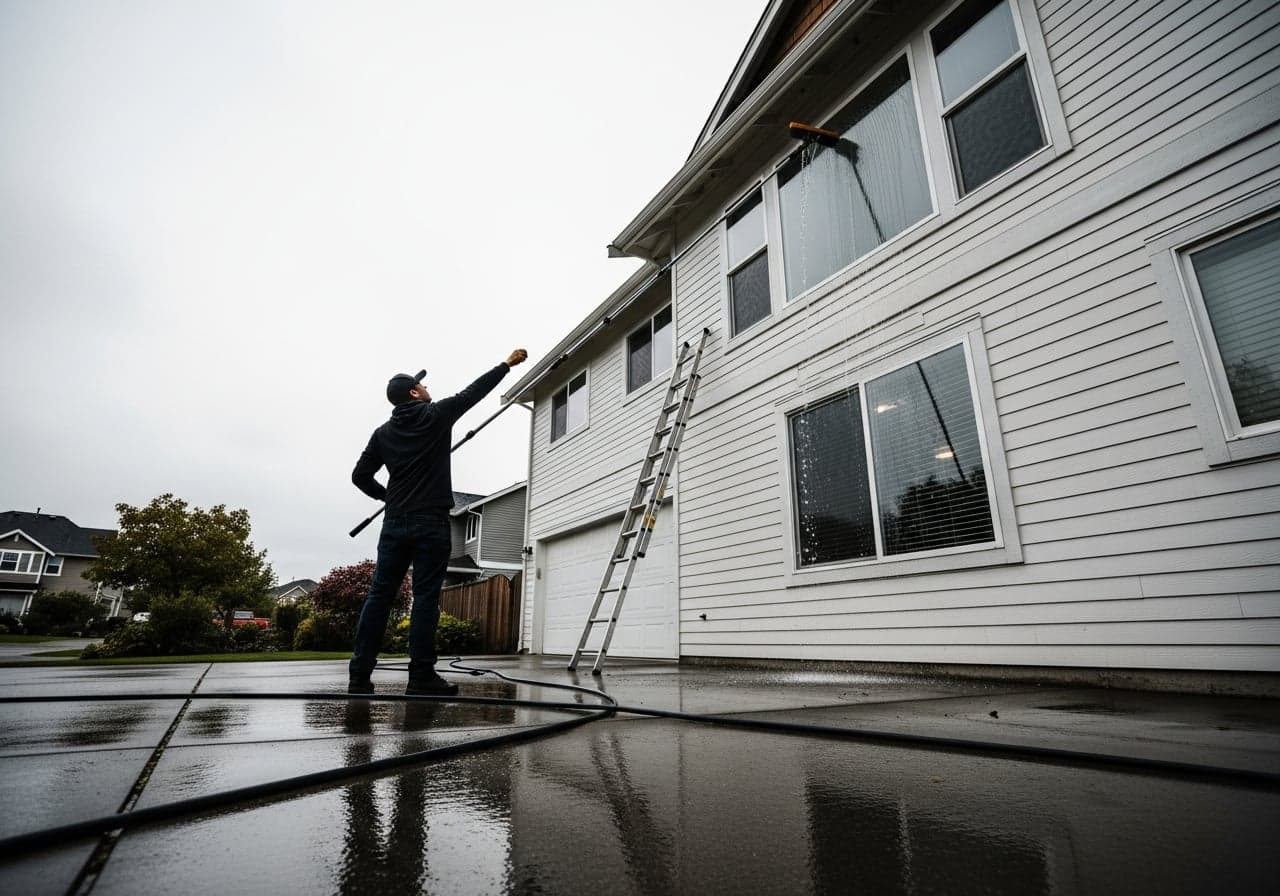 A window cleaner working on a Greater Victoria home